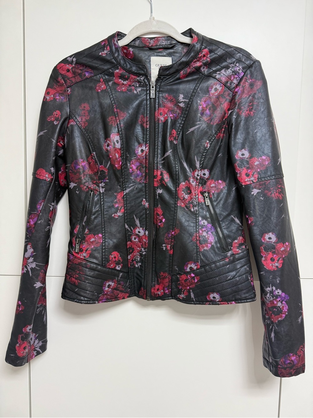 Guess Black Faux Leather Moto Jacket with Red & Purple Floral Print